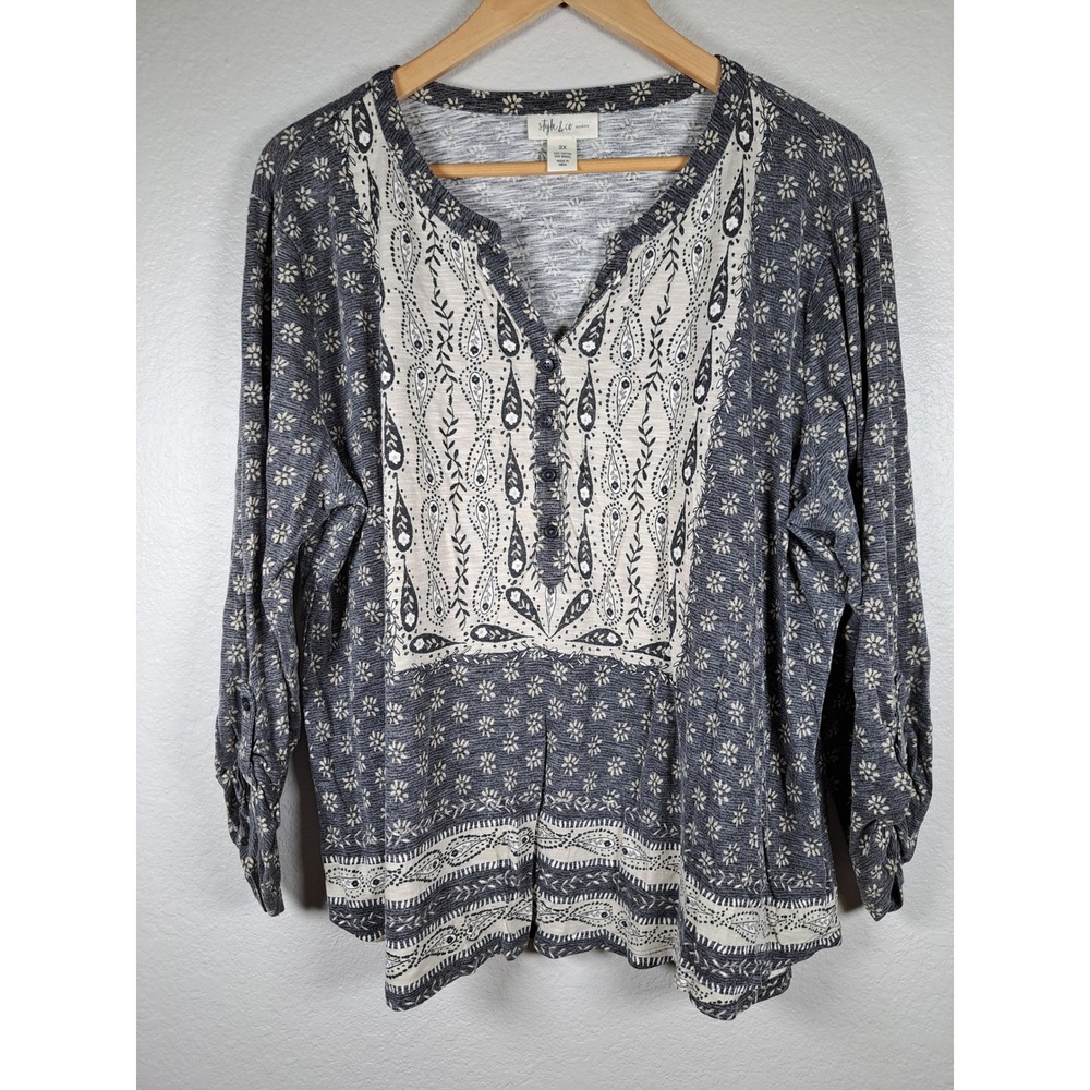 Style & Co Woman 2X Navy Blue Floral Paisley Henley Roll Tab Sleeve Blouse